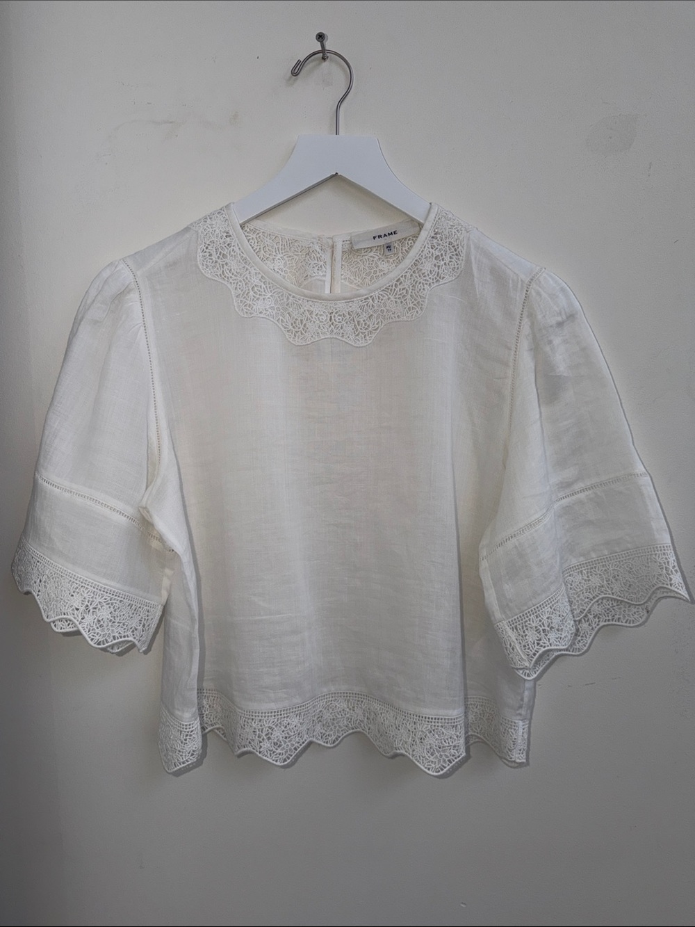 Frame Denim White Linen lace Crochet-Trim Blouse XS/TP women’s